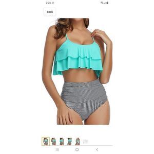 New Small Greenish Blue 2pc Tempt Me Ruffle High-Waist Ruched Bikini Swi…